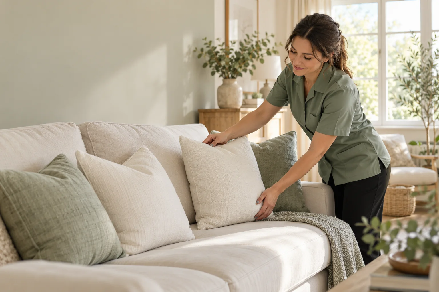 A cleaner arranging cushions in a bright home
